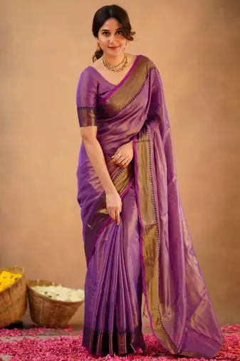 Trendmalls Trendmalls Purple tissue cotton handloom saree with unstitched blouse
