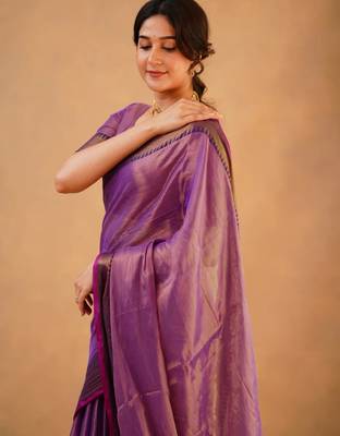 Purple tissue cotton handloom saree with unstitched blouse 4