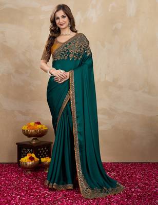 Trendmalls Green satin embroidery border saree with blouse piece 1