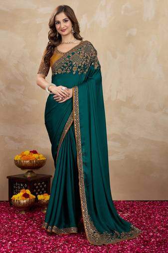 Green satin embroidery border saree with blouse piece