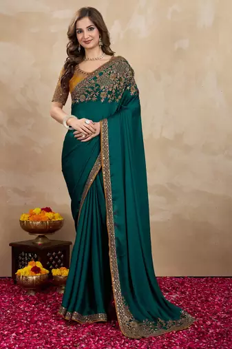 Green satin embroidery border saree with blouse piece
