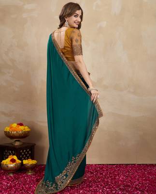 Trendmalls Green satin embroidery border saree with blouse piece 2