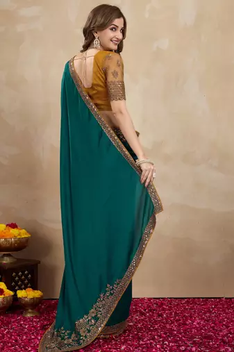 Trendmalls Green satin embroidery border saree with blouse piece