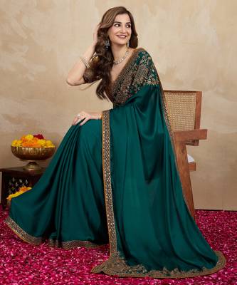 Trendmalls Green satin embroidery border saree with blouse piece 3
