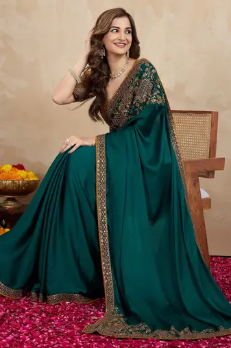 Trendmalls Green satin embroidery border saree with blouse piece