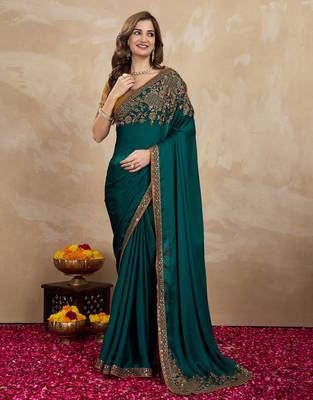 Trendmalls Green satin embroidery border saree with blouse piece 4