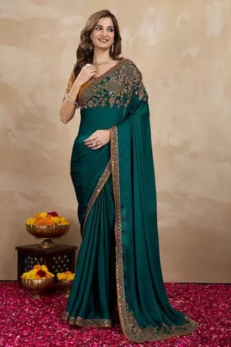 Trendmalls Green satin embroidery border saree with blouse piece