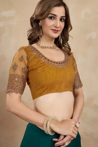 Trendmalls Green satin embroidery border saree with blouse piece