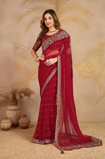 Red chiffon embroidered saree with blouse piece