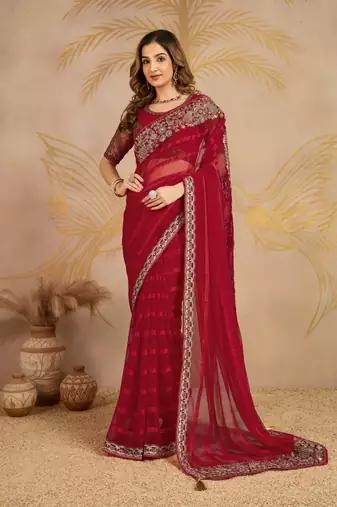 Red chiffon embroidered saree with blouse piece