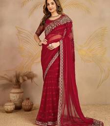Red chiffon embroidered saree with blouse piece