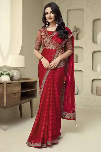 Red chiffon embroidered saree with blouse piece