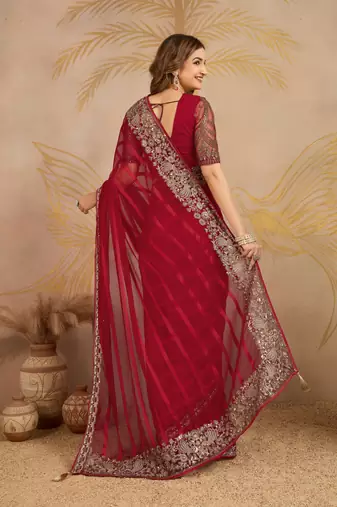 Trendmalls Red chiffon embroidered saree with blouse piece