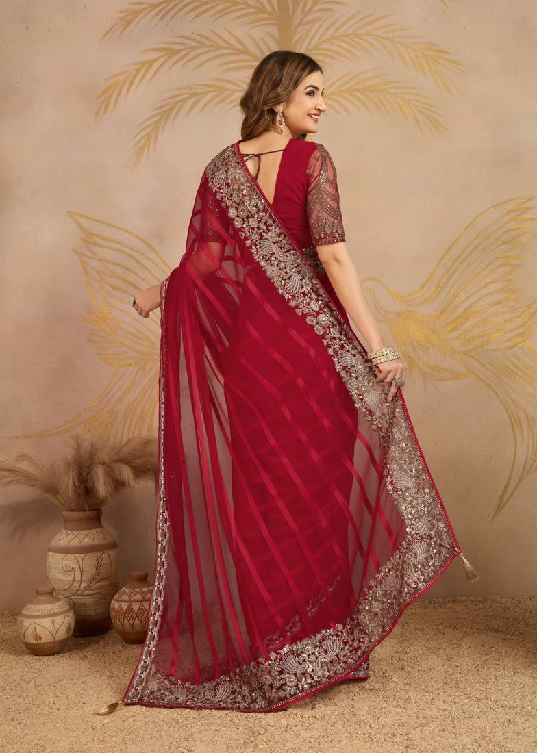 Trendmalls Red chiffon embroidered saree with blouse piece