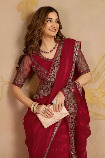 Trendmalls Red chiffon embroidered saree with blouse piece