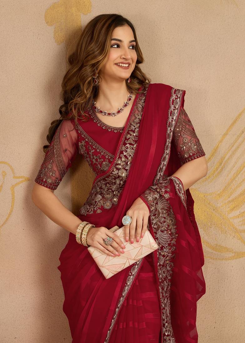 Trendmalls Red chiffon embroidered saree with blouse piece
