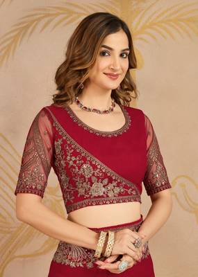Red chiffon embroidered saree with blouse piece 4