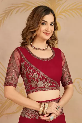 Trendmalls Red chiffon embroidered saree with blouse piece