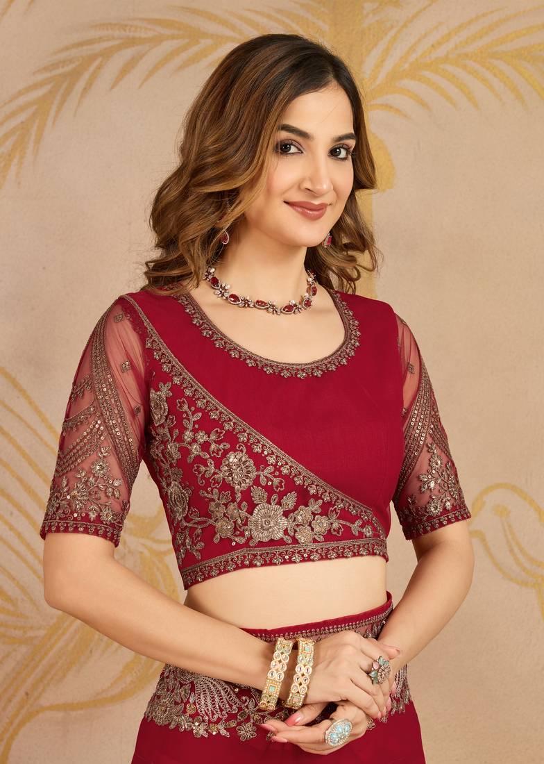 Trendmalls Red chiffon embroidered saree with blouse piece