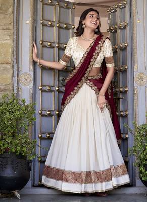 off white Zari Weaving Vichitra Silk Lehenga Choli 1