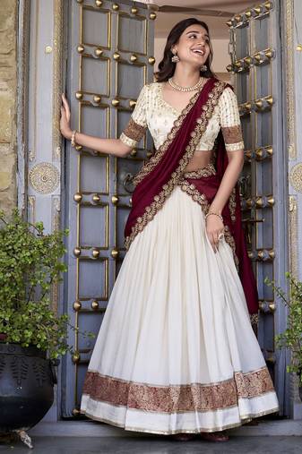 off white Zari Weaving Vichitra Silk Lehenga Choli