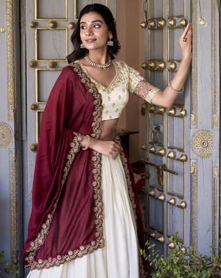off white Zari Weaving Vichitra Silk Lehenga Choli 2
