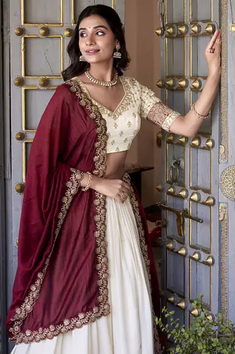 off white Zari Weaving Vichitra Silk Lehenga Choli