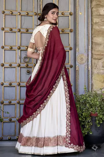 off white Zari Weaving Vichitra Silk Lehenga Choli