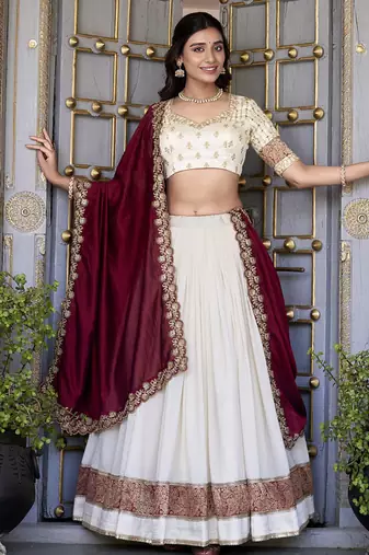 off white Zari Weaving Vichitra Silk Lehenga Choli