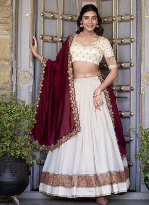 off white Zari Weaving Vichitra Silk Lehenga Choli 5