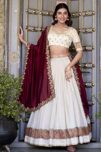 off white Zari Weaving Vichitra Silk Lehenga Choli