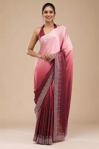 Brown satin ombre pattern dual shade saree with unstitche blouse piece