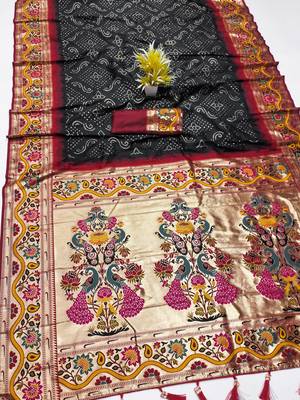 Black  faux banarasi silk saree with paithani rich weaved pallu and blouse 1
