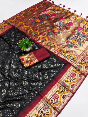 Black  faux banarasi silk saree with paithani rich weaved pallu and blouse 2