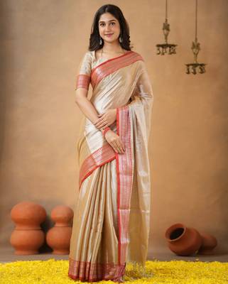 Beige red tissue cotton handloom saree with unstitched blouse piece 1