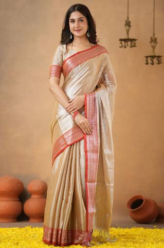 Trendmalls Trendmalls Beige red tissue cotton handloom saree with unstitched blouse piece