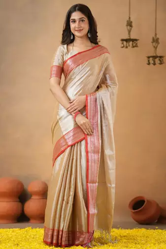 Beige red tissue cotton handloom saree with unstitched blouse piece