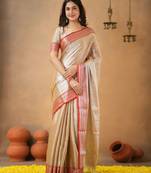 Trendmalls Trendmalls Beige red tissue cotton handloom saree with unstitched blouse piece