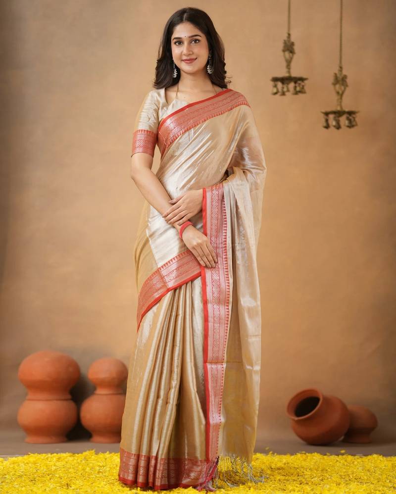 Beige red tissue cotton handloom saree with unstitched blouse piece