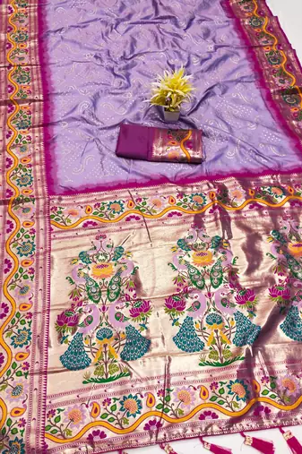 Lavender silk blend saree with paithani weaved pallu and blouse