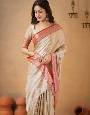 Beige red tissue cotton handloom saree with unstitched blouse piece 3