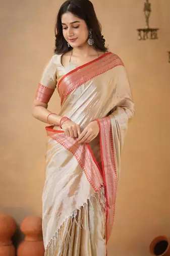 Trendmalls Trendmalls Beige red tissue cotton handloom saree with unstitched blouse piece