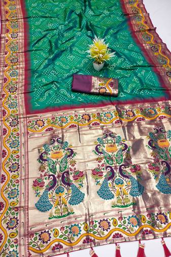 Sea green silk blend saree with paithani weaved pallu and blouse
