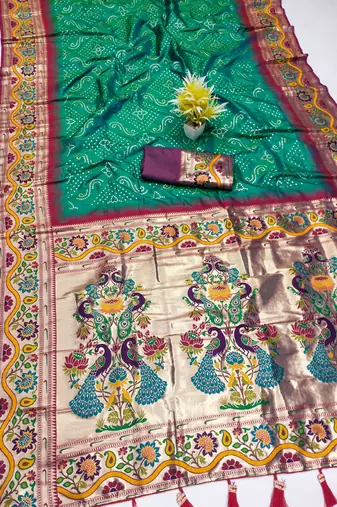 Sea green silk blend saree with paithani weaved pallu and blouse