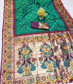 Sea green silk blend saree with paithani weaved pallu and blouse