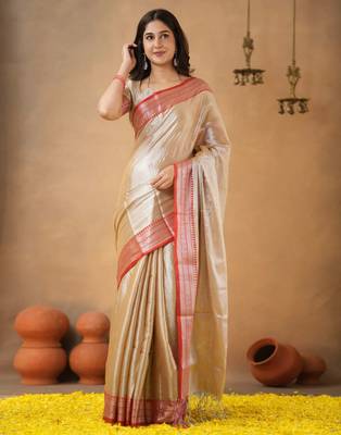 Beige red tissue cotton handloom saree with unstitched blouse piece 4