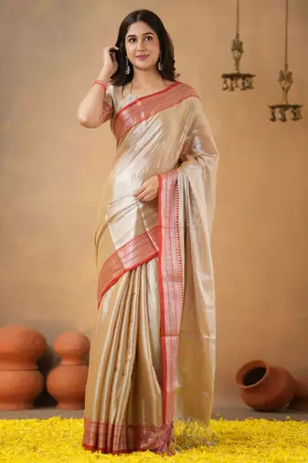 Trendmalls Trendmalls Beige red tissue cotton handloom saree with unstitched blouse piece