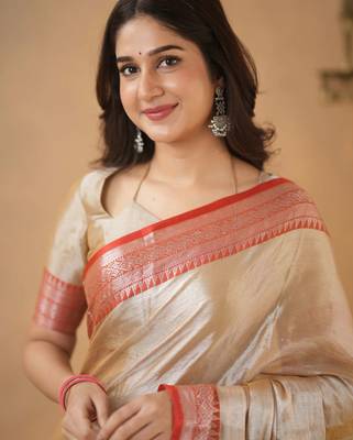 Beige red tissue cotton handloom saree with unstitched blouse piece 5