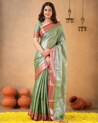 Greenred tissue cotton handloom saree with unstitched blouse piece 1