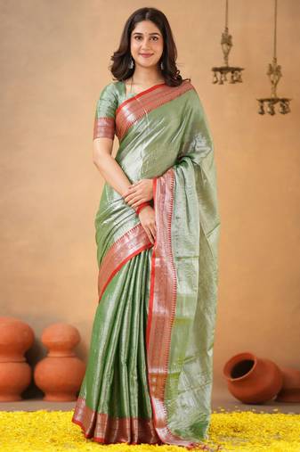Trendmalls Greenred tissue cotton handloom saree with unstitched blouse piece